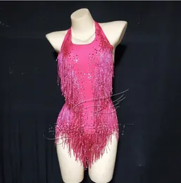 Stage Wear Rhinestone Colorful Red Gold Tassel Elastic One-Piece Triangle High Fork Latin Performance Costume Female