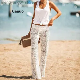 Pantaloni da donna Capris Brand New Womens Crochet Beach Pantaloni a gamba larga Vedi attraverso costumi da bagno Pantaloni lunghi da spiaggia Cover-Up Abiti estivi da spiaggia femminili T230531