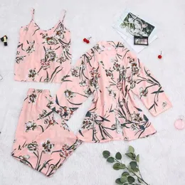 ملابس النوم للسيدات في يوليو Pink 7 قطع بيجامات نسائية مجموعات فوكس حرير مخطط بيجاما الربيع