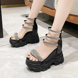 Sandals Hot selling Roman Women Summer New Fashion Zipper Thick Heel Slides Round Head Rhinestone High Quality Slippers 230417