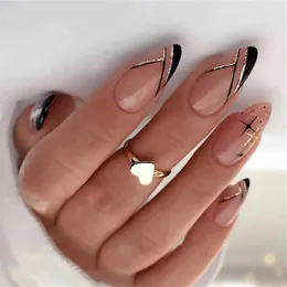 False Nails French Black Oblique Fringe Set Press On Sweet Cool Almond Fake Nail Tips With Designs Est Manicure
