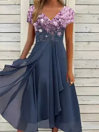 Elegancka letnia sukienka dla kobiet nowe kwiatowe szyfonowe patchwork v szyja krótkie rękawe sukienki midi