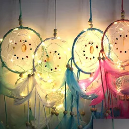 Arts And Crafts Handmade Led Light Dream Catcher Feathers Home Decoration Wall Hanging Ornament Gift Wind Chime Drop Delivery Garden Dhdsn