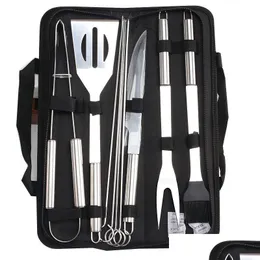 BBQ Tools Tillbehör 9 st/set rostfritt stål utomhusgrillgrillredskap med Oxford -väskor Grills Clip Brush Knife Kit VT1146 DHA3D