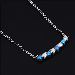 Pendant Necklaces Cute Female Small Round Necklace Silver Color Wedding Chain Vintage Blue Opal For Women