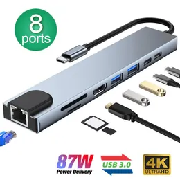 Stations Hub USB C 8 en 1 Type C Adaptateur HDMI 3.1 vers 4K avec lecteur de carte RJ45 SD/TF Charge rapide PD pour ordinateur portable MacBook