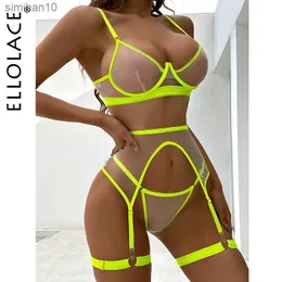 Cueca Calcinha Ellolace Neon Sensual Lingerie Feminina Sexy Sutiã Transparente Conjunto de 4 Peças Conjuntos Exóticos Sem Costura L230518