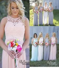 2019 New Country Style Cheap Bridesmaid Dresses Grey Blue Pink Ivory Lace Top High Waist Maternity Chiffon Long Summer Beach Dress5811224