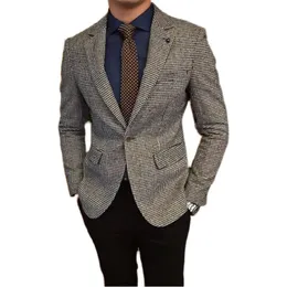 Blazers Men's Suit Jacket Coffee Houndstooth Wool Tweed Retro Business Tailored Collar Casual Blazer for Wedding Groomsmen Costumes 2021