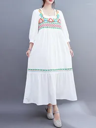 Casual Dresses Jastie Ethnic Embroidered Long Dress Bohemian Square Collar Sleeve Loose Holiday Women Fashion Retro Robe Female