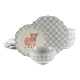 The Pioneer Woman Gingham Gray 12-Piece servies set