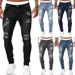 Kırık delikli yeni denim erkek pantolonları trend siyah ince fit ayaklar