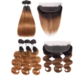 Indian 1B/30 Ombre Two Tones Color 3 Bundles With 13X4 Lace Frontal Silky Straight Hair Wefts With Frontals