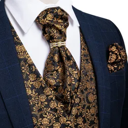 Coletes moda terno colete homens colete ouro floral seda casamento colete ascot gravata lenço conjunto formal vestido sem mangas jaqueta dibangu