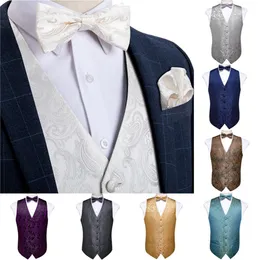 Jackets Men's Vest Silver Gold Navy Blue Paisley Classic Party Wedding Jacquard Waistcoat Vest Pocket Square Tie For Suit Tuxedo DiBanGu