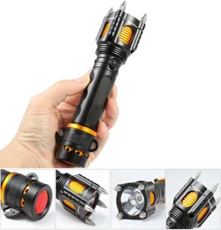 Rechargeable XML T6 LED Tactical Flashlight Torch with 4 Attack Heads SOS Alarm Safety Hammer Self Defense Outdoors Ultra Bright F7699078