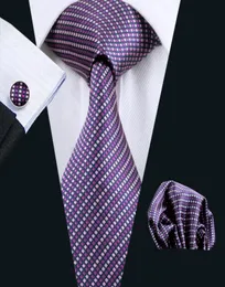 New Style Check Purple Tie Hankerchief Cufflinks Mens Set Jacquard Woven Classic 85cm Width N04714576718