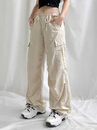 Spodnie towarowe Kobiety 2023 Nowy moda workowate więcej niż kieszeń sznurka szerokopasmowa spodni streetwearu zwykłe proste spodnie