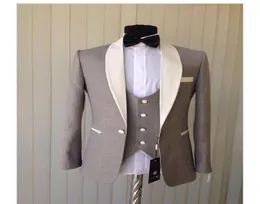 New Light Grey Groom Tuxedos Cheap Ivory Shawl Collar Blazer Groomsmen Suit Mens Wedding Suits Custom Made JacketPantstie9231719