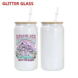 16oz Sublimation Glitter Glass Tumbler Glass Jar with Bamboo Lid Reusable Straw Shimmer Glass Tumblers Beer Can Soda Can Cup Drinking Cups FY5797
