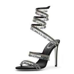 Moraima SNC Summer White Leather High Heel Sandal Crystal Tassels Snake Mönster Tunna klackar Klänningskor Rhinestones Sexig sandalstorlek 43