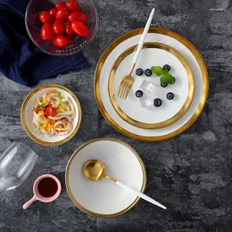 Piatti Set 4 Pz Collezione Gold Inlay Dinnerware Piatto E Ciotola In Ceramica Con Bordo Stoviglie White Black Dinner