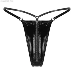 Briefs Panties Women's Leather Shorts Panties Zipper Crotch G-string Wet Look Patent Leather T-back Thongs Low Waist Open Butt Micro Underwear T23601
