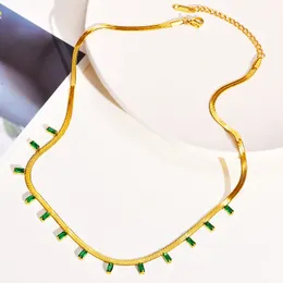 Women's Necklace Personalized and Trendy Stainless Steel Flat Thin Snake Chain Necklace Inlay Green White Cubic Zirconia Jewelry Gift yw03NC-991