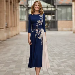 Blue Mother of the Bride Dress with Sleeve Tea Length Appliques Wedding Guest Dresses Ruched Belt Womens Short Prom Gowns