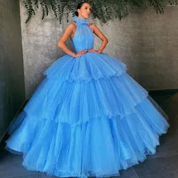 Party Dresses Sky Blue Tulle Dress Princess Women Halter Lush Formal Pleated Wedding Evening Woman 2023 Long Floor Length Prom