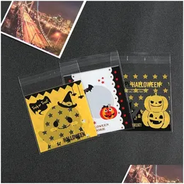 Present Wrap 100st/Lot Halloween Candy Plastic Påse Självhäftande kakor Bake Biscuit Pumpkin Print Food Package PAGS VT0569 Drop Deliv DHK6J