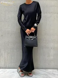 Sıradan Elbiseler Clacive Siyah Saten Kadınlar 2023 Zarif O yakalı uzun kollu ayak bileği uzunluğu elbise moda basit ipeksi kadın
