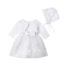 Flickans klänningar 2020 Baby Girls Ivory Lace 3st kläder Set Fashion Babies Casual Party Doping Dress Bonnet Jacket 0-18m Ropa de Bebe Nia AA230531