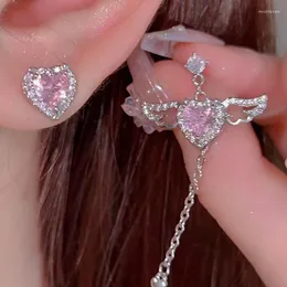 Stud Earrings Romantic Pink Love Heart Zircon Angel Wing For Women Long Tassel Chain Asymmetric Earring Girl Party Jewelry