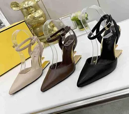 Sexy Designer Slingback Dress Shoes Luxurious Pointed Toe Metal F High Heels Wedding Pumps Ankle Strap Sandals With Box EU426834915