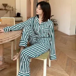 Mutelina de sono feminina de roupas de noite de mola listrada de pijamas de cetim de cetim de manga longa com botões Sexy Loungewear