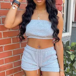 Tracksuits Women's Tube Top 2 Piece Sportswear Summer Casual 2021 Fashion Sexy Strapless Crop Top+Shorts Street Clothing Track Set P230531