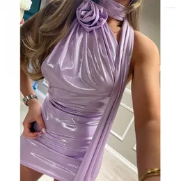 Lässige Kleider Sexy Schräghals ärmelloses metallisches figurbetontes Minikleid Frauen geraffte Bandage Blumenrobe 2023 Sommer Party Club Geburtstag