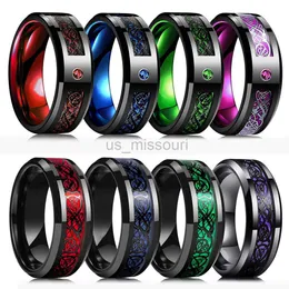 Band Rings Fashion Men's 8mm Black Tungsten Wedding Celtic Dragon Rings Inlaid Blue Zircon Stainless Steel Red Carbon Fibre Ring For Men J230531
