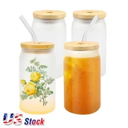 US Stock 50pcs/ctm 16oz Sublimation Frosted Glass Mug Blanks Beer Can Coke Can Glasses Cups with Bamboo Lid and Plastic Straw 50pcs