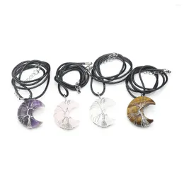 Pendant Necklaces Natural Stone Moon Shape Amethyst Agate High Quality Aura Gem Crafts Leather Rope Necklace Gift Wholesale