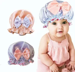 Baby Children Nightcap Elastic Imitation Silk Satin Bowknot Round Hat Kids Bract Hats Hårskydd Caps