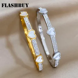 Bangle Flashbuy Trend Rhinestone Shell Heart Charm Stainless Steel Bracelet For Women Statement Gold Color Jewelry Teen Gift