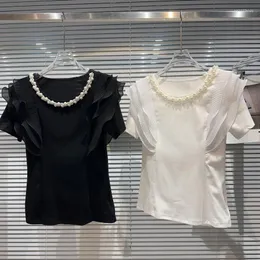 Camas T Women PREPOMP 2023 Chegada de verão Mangas curtas Bordado Bordado Pearls Bruffles Camisa Mulheres 359
