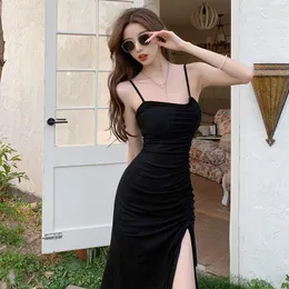 Casual Dresses Purely Sexy Girl Slim Suspender Dress For Women 2023 Summer Split Buttocks Long Black Elegant Fashion