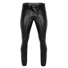 Calças Yoojia masculinas de couro falso cintura alta calça apertada elástica comprimento total legging com zíper bolsa collant calças casuais