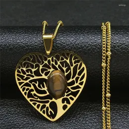 Pendant Necklaces Boho Heart Tree Of Life Tiger's Eye Stainless Steel Women/Men Gold Color Necklace Jewelry Collier Inoxydable N10S05