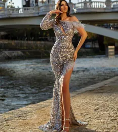 Party Dresses 2023 Sequined Evening One Shoulder Long Sleeves Side Split Prom Celebrity Gowns Feather Sexy Plus Size Formal Gown