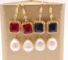 GuaiGuai Jewelry Freshwater White Rice Pearl Rectangle Shape Crystal Gold Plated Cz Pave Hook Dangle Earrings Handmade For Women5502530