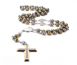 Bling Gold Plated Stainless Steel Two Tone Rosary Chain Necklace with Crystal Zirconia Pave Double Layer Cross Pendant 27quot74375114